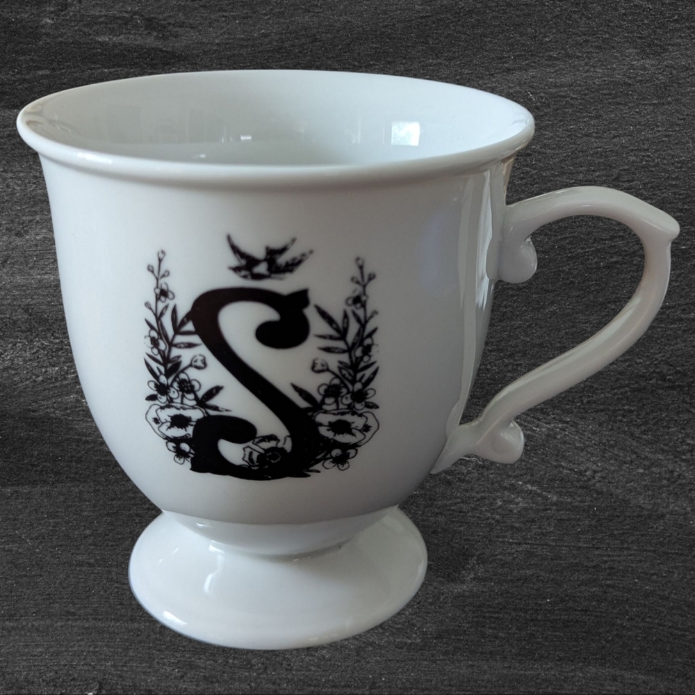 Anthropologie Missus Monogram S Mug Cup Footed Pedestal Bird Trees Scroll Handle